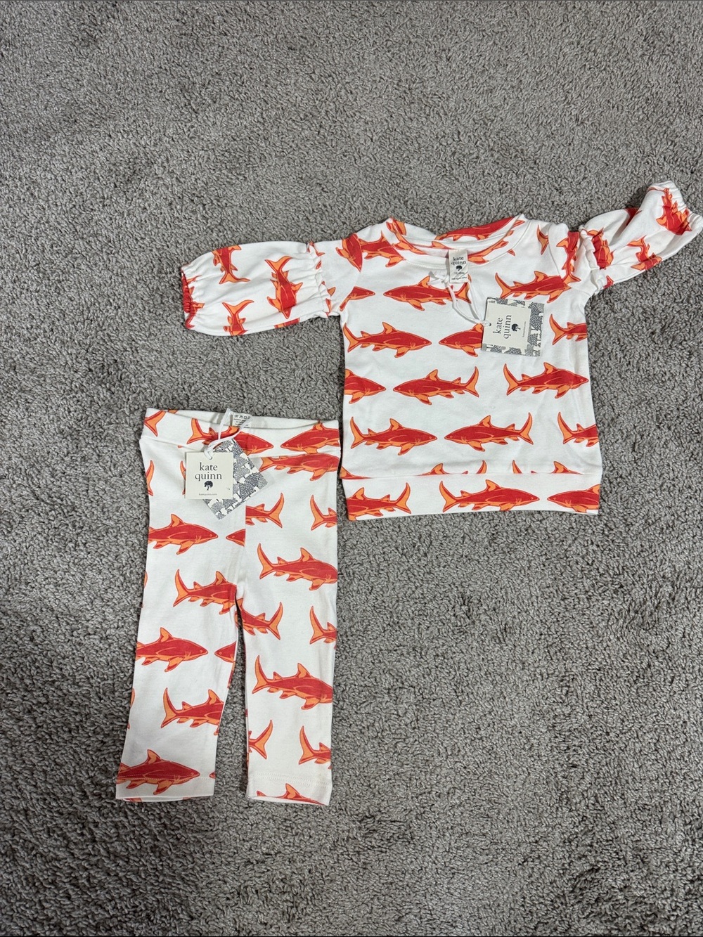 kate quinn White Top & Leggings with Red Shark Print